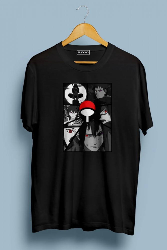  Itachi, Obito Saske Madara & Sharingan Naruto Baskılı Oversize Sharingan Siyah T-shirt
