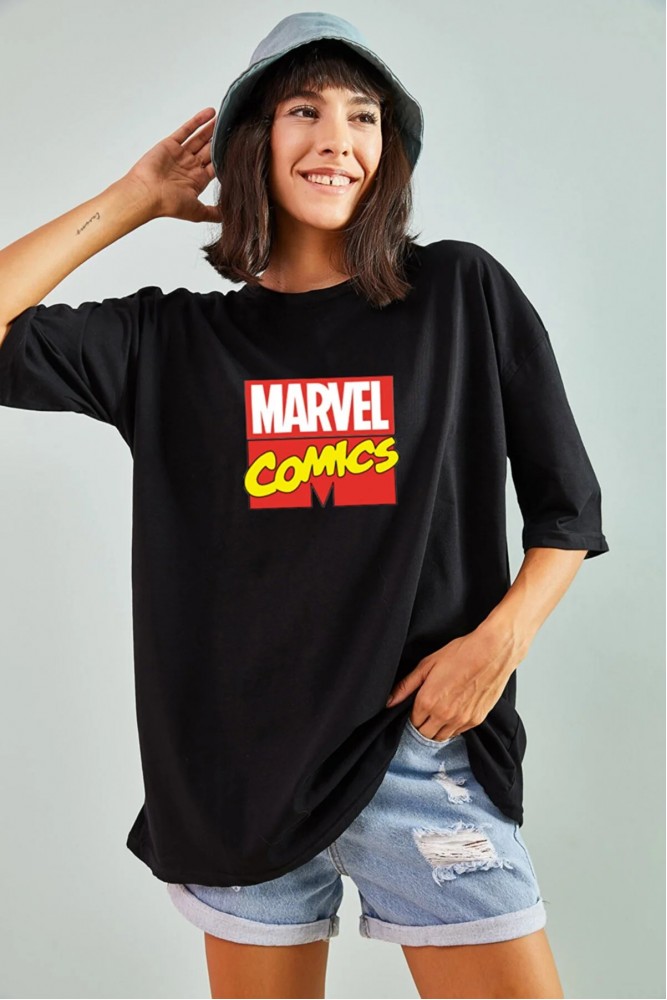 Marvel Tasarımlı Unisex Siyah T-shirt