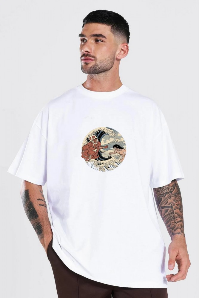 Attack on Titan Baskılı Oversize Pamuk Kaliteli Beyaz T-shirt