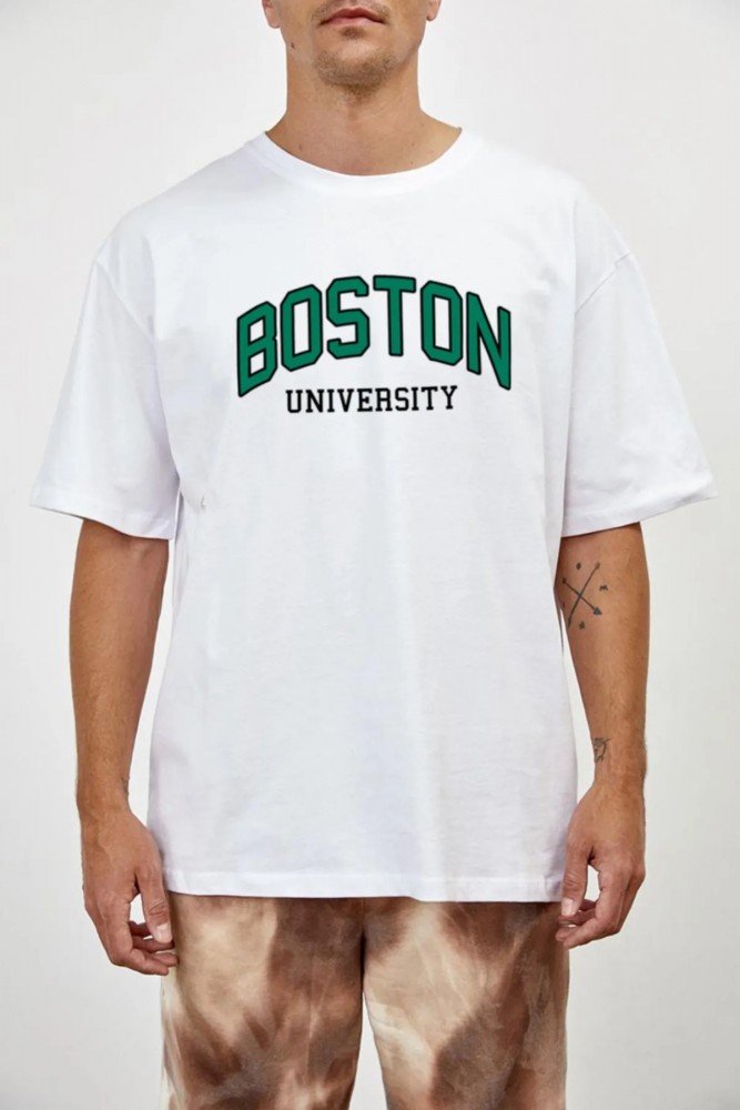 Boston Universty Tasarımlı Unisex Beyaz T-shirt