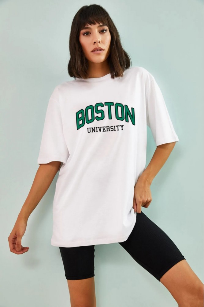 Boston Universty Tasarımlı Unisex Beyaz T-shirt