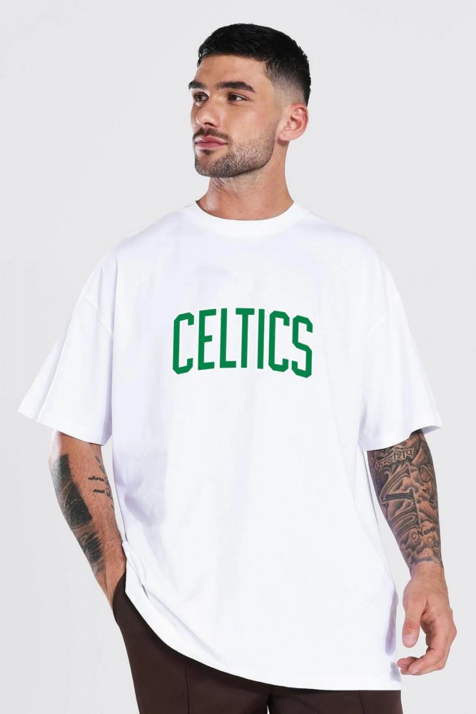 Celtics Baskılı Oversize Pamuk Kaliteli Beyaz T-shirt