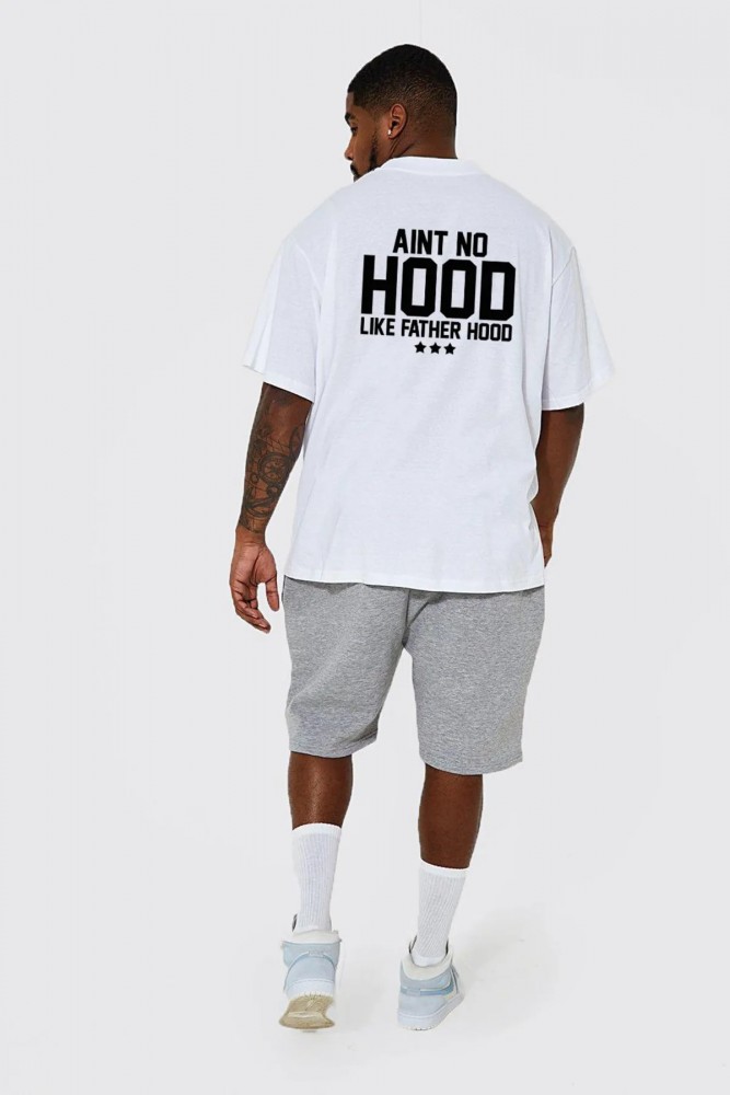  Oversize Pamuk Kaliteli Hood Baskılı Beyaz T-shirt
