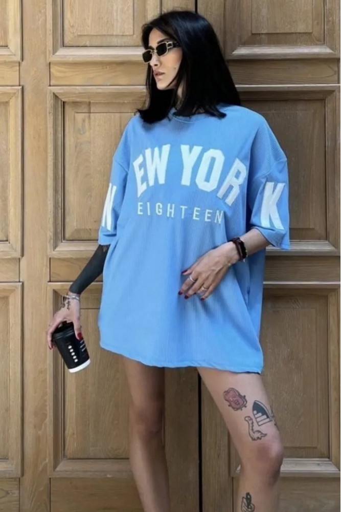  Unisex New York Fitilli Mavi Tshirt