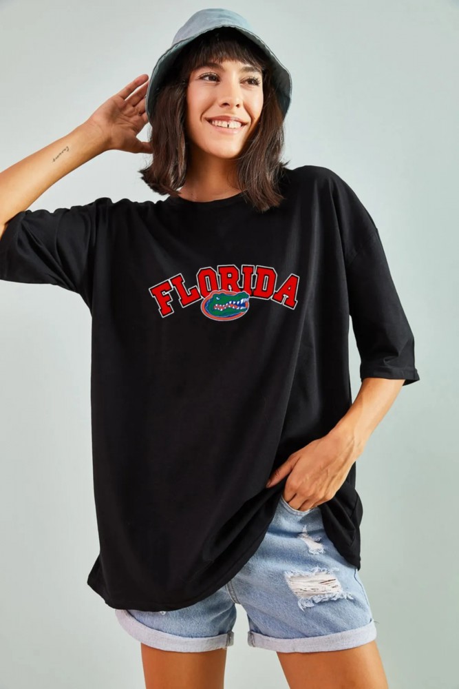 Florida Tasarımlı Unisex Siyah T-shirt