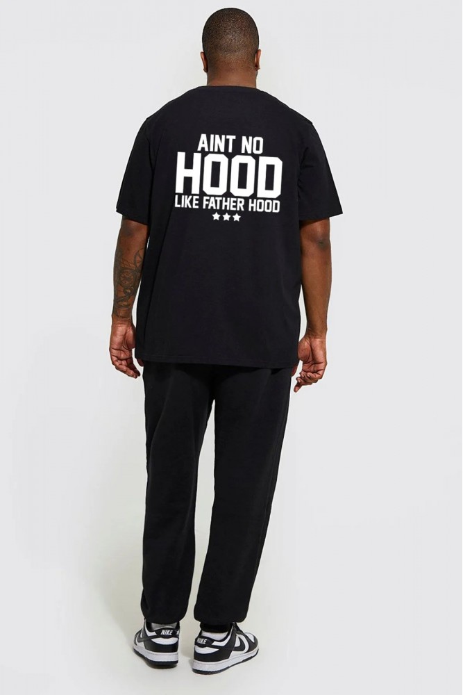  Oversize Pamuk Kaliteli Hood Baskılı Siyah T-shirt