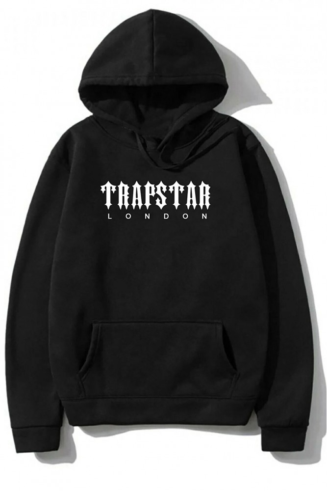3 İplik Polarlı Kapüşonlu Oversize Kalıp Hoodie Trapstar Tasarımlı Unisex Siyah Sweatshirt