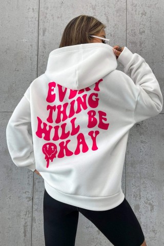  Beyaz Kapüşonlu Oversize Kalıp Every Thing Will Be Okay Tasarımlı Unisex Sweatshirt 
