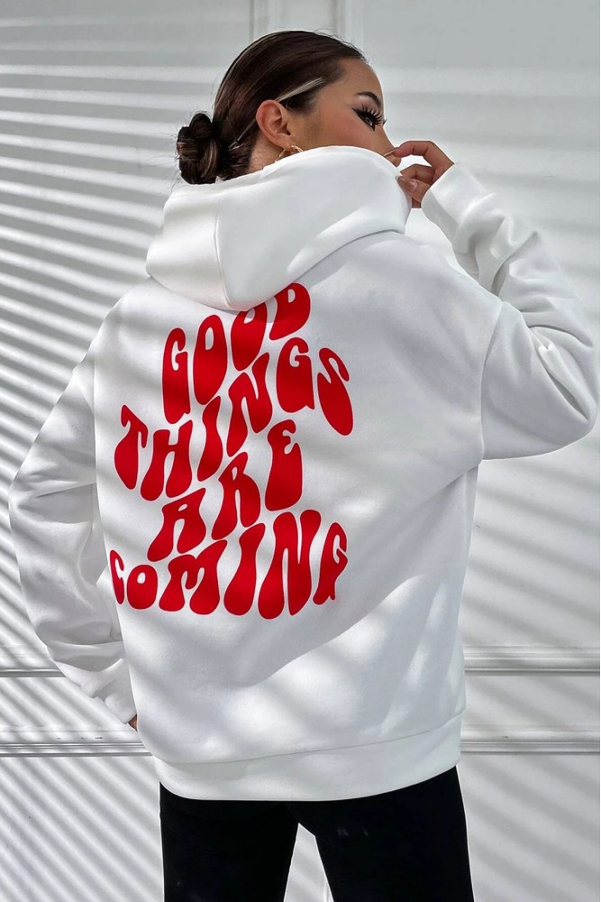 Beyaz Kapüşonlu Oversize Kalıp Good Things Are Coming Tasarımlı Unisex Sweatshirt