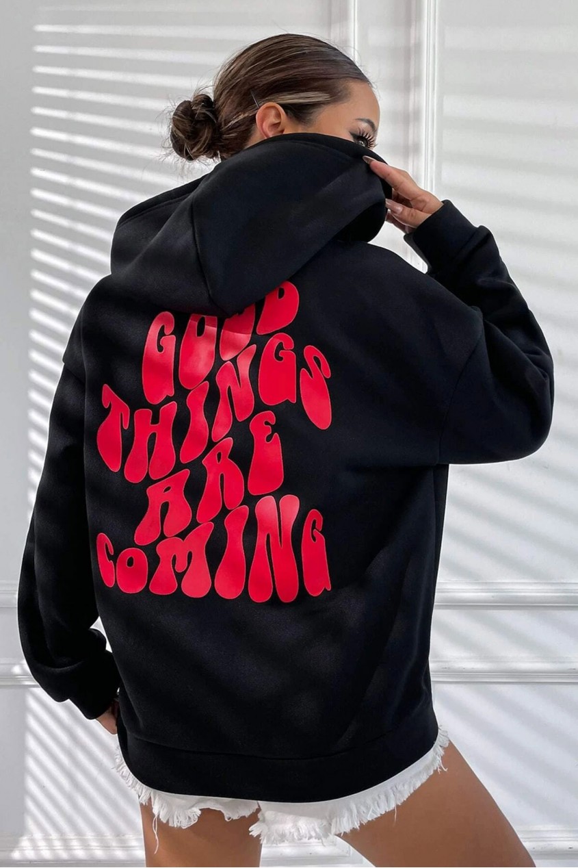 Siyah Kapüşonlu Oversize Kalıp Good Things Are Coming Tasarımlı Unisex Sweatshirt