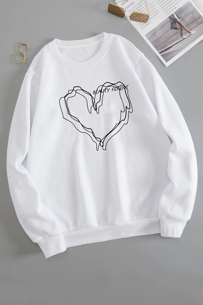 Oversize Kalıp Kalp Desenli Unisex Bisikletyaka Beyaz Sweatshirt