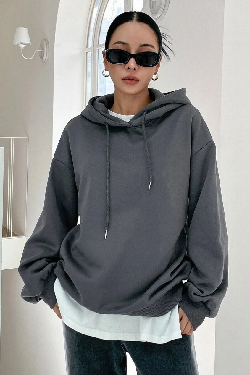 Füme 3 İplik Polarlı Kapüşonlu Oversize Kalıp Hoodie Tasarımlı