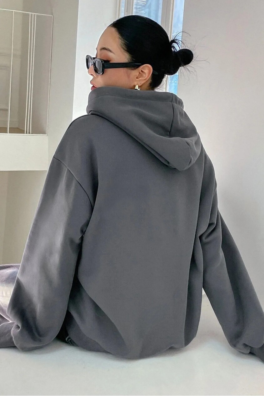 Füme 3 İplik Polarlı Kapüşonlu Oversize Kalıp Hoodie Tasarımlı