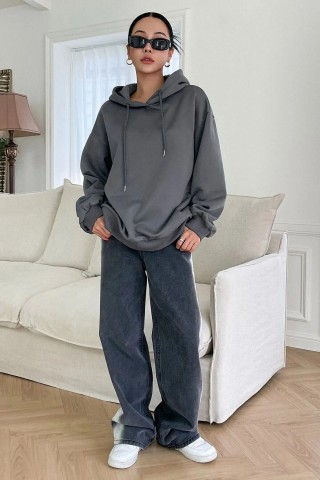 Füme 3 İplik Polarlı Kapüşonlu Oversize Kalıp Hoodie Tasarımlı