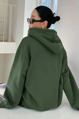 Haki 3 İplik Polarlı Kapüşonlu Oversize Kalıp Hoodie Tasarımlı