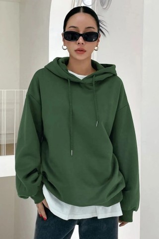 Haki 3 İplik Polarlı Kapüşonlu Oversize Kalıp Hoodie Tasarımlı