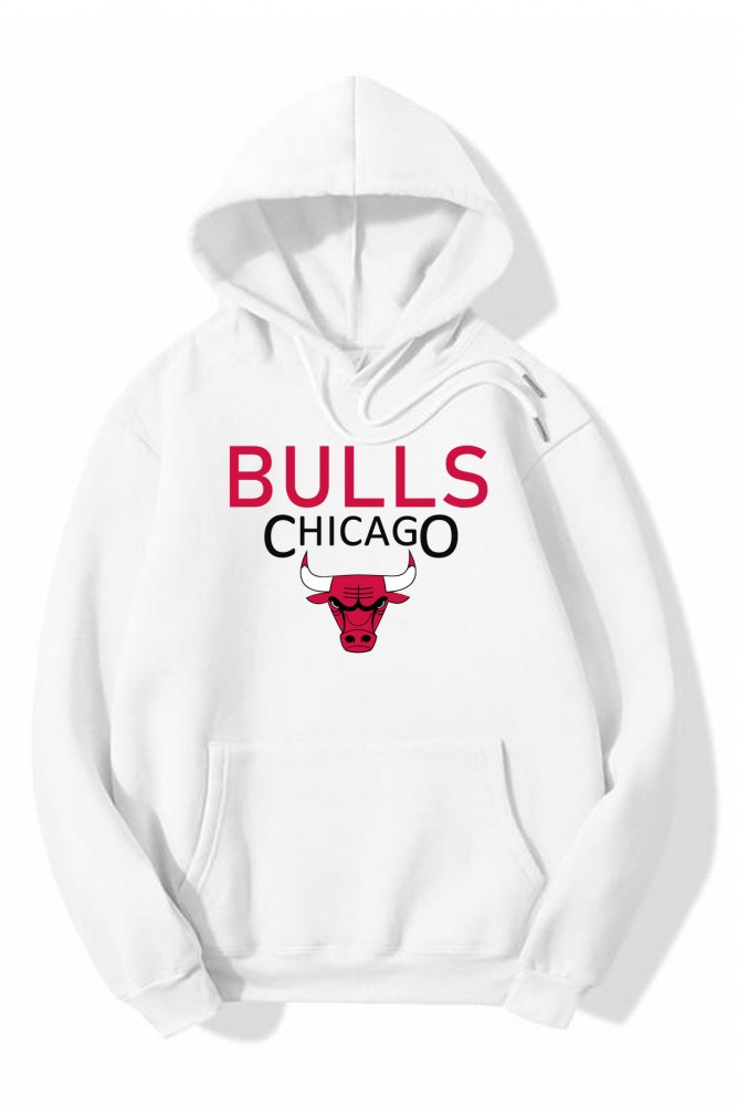 Beyaz Oversize Bulls Chicago Tasarımlı Unisex Kapüşonlu Sweatshirt