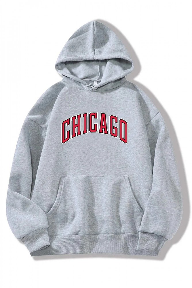  Oversize Chicago Baskılı Unisex Kapüşonlu Hoodie Içi Polarlı Sweatshirt 
