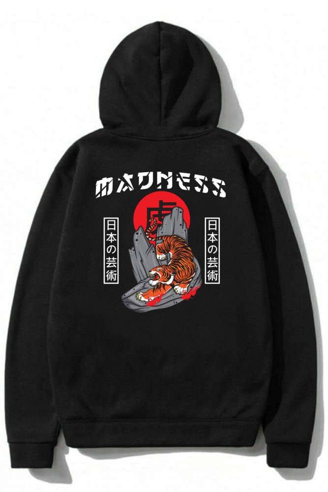 Siyah Oversize Madness Tasarımlı Unisex Kapüşonlu Sweatshirt