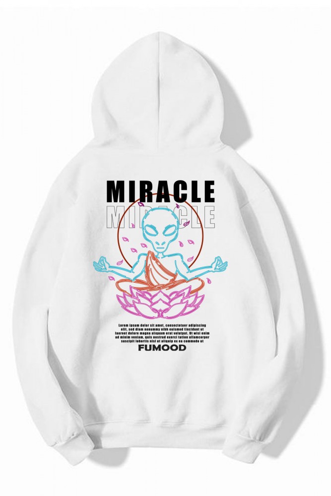 Beyaz Oversize Miracle Tasarımlı Unisex Kapüşonlu Sweatshirt