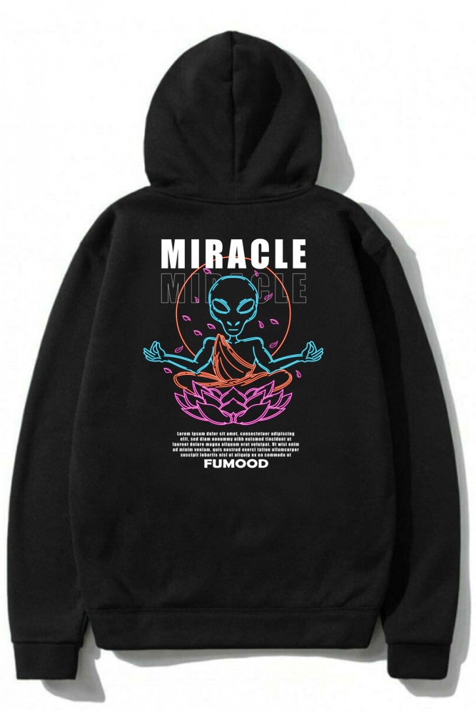 Siyah Oversize Miracle Tasarımlı Unisex Kapüşonlu Sweatshirt