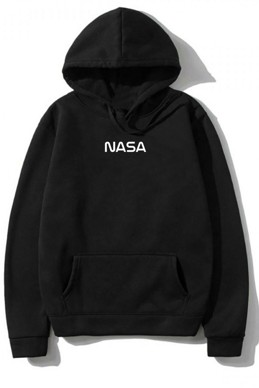 Siyah Oversize Nasa Tasarımlı Unisex Kapüşonlu Sweatshirt