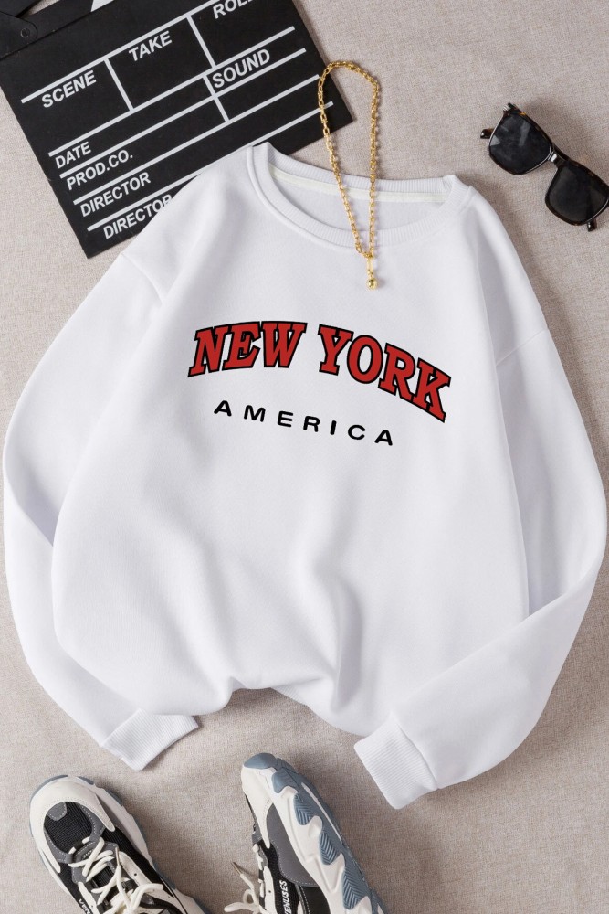 Beyaz  Oversize New York America Tasarımlı Unisex Bisikletyaka Sweatshirt