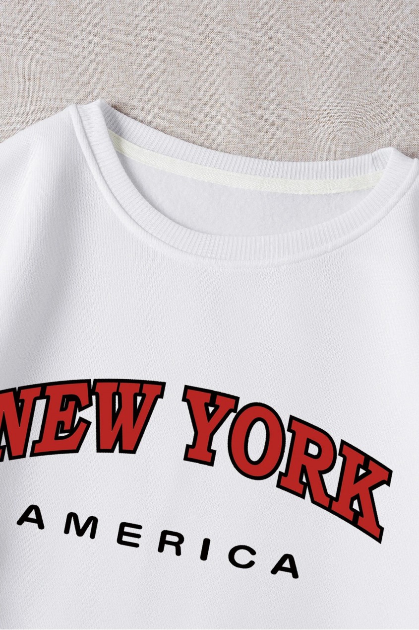 Beyaz  Oversize New York America Tasarımlı Unisex Bisikletyaka Sweatshirt