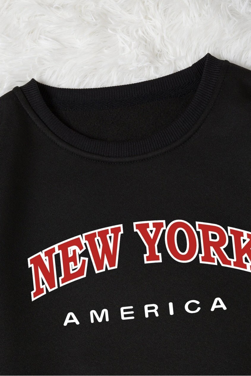 Siyah Oversize New York America Tasarımlı Unisex Bisikletyaka Sweatshirt