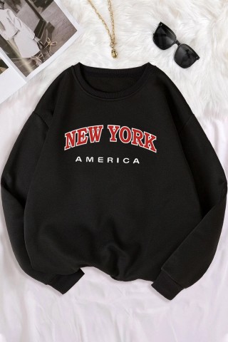 Siyah Oversize New York America Tasarımlı Unisex Bisikletyaka Sweatshirt