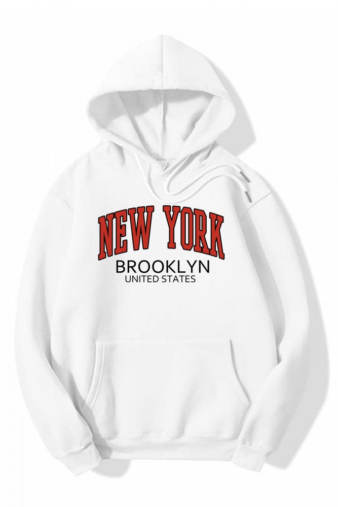 Beyaz Oversize NY Brooklyn Tasarımlı Unisex Kapüşonlu Sweatshirt