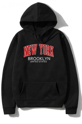 Siyah Oversize NY Brooklyn Tasarımlı Unisex Kapüşonlu Sweatshirt