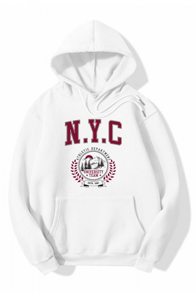 Beyaz Oversize N.Y.C. Tasarımlı Unisex Kapüşonlu Sweatshirt