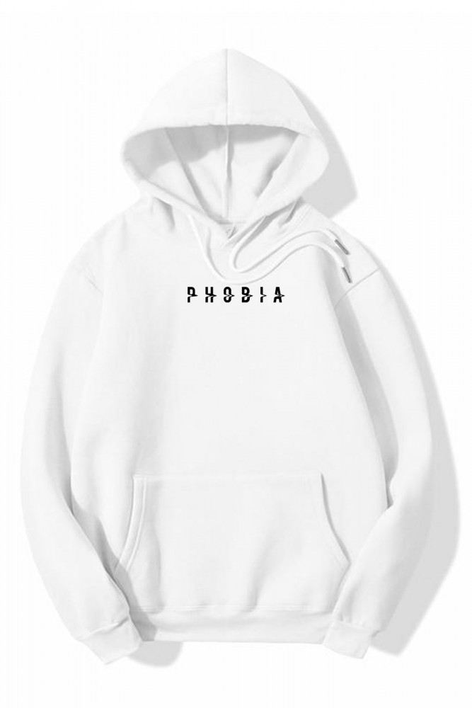 Beyaz Oversize Phobia Tasarımlı Unisex Kapüşonlu Sweatshirt