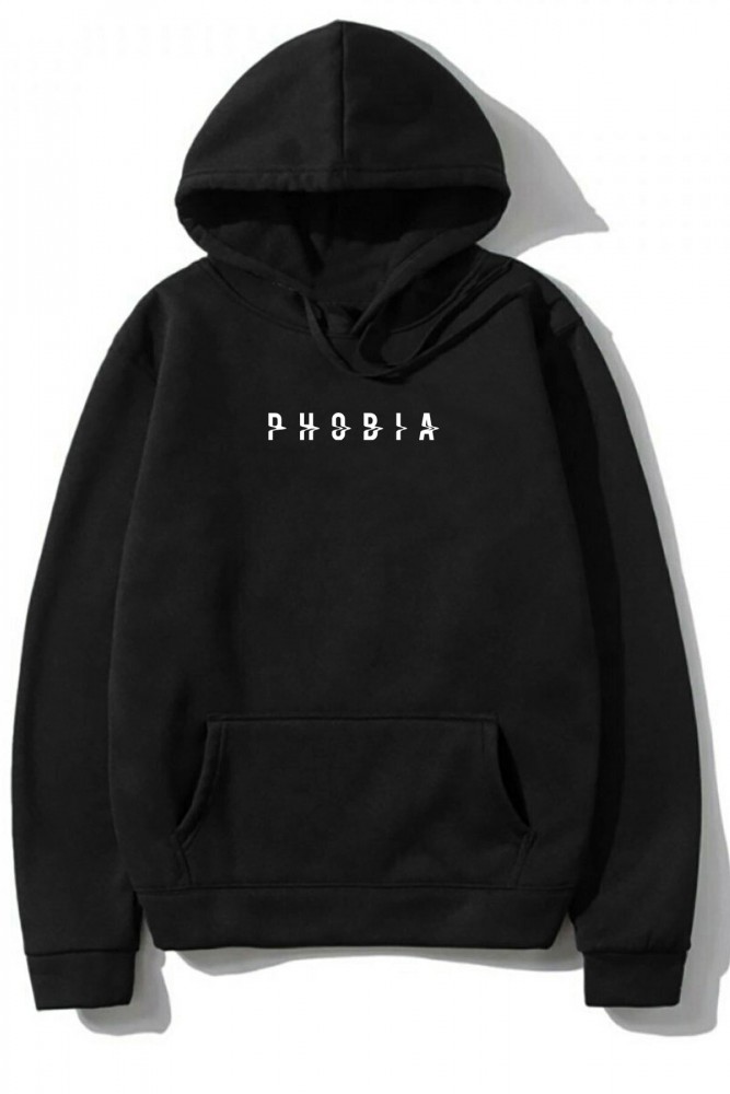 Siyah Oversize Phobia Tasarımlı Unisex Kapüşonlu Sweatshirt