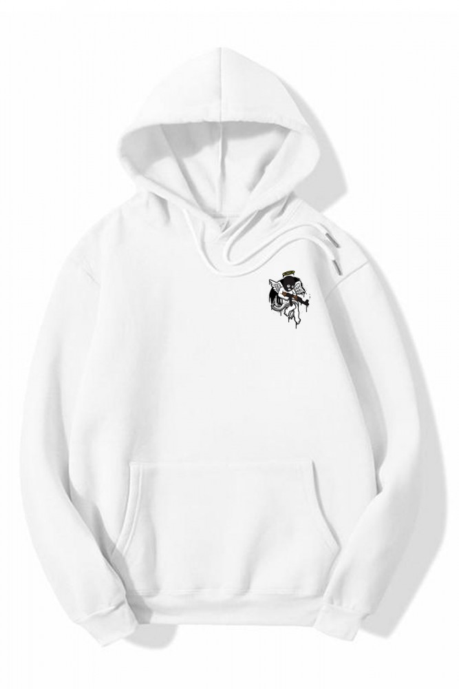 Beyaz Oversize Pressure Tasarımlı Unisex Kapüşonlu Sweatshirt