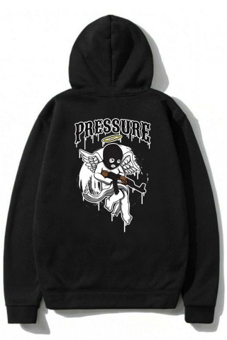 Siyah Oversize Pressure Tasarımlı Unisex Kapüşonlu Sweatshirt
