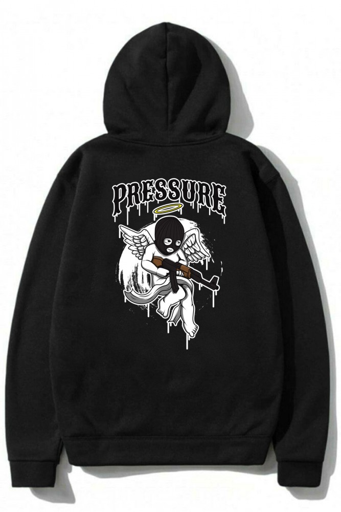 Siyah Oversize Pressure Tasarımlı Unisex Kapüşonlu Sweatshirt