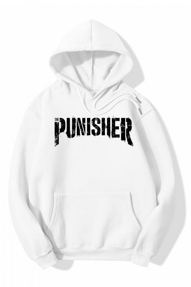 Beyaz Oversize Punisher Tasarımlı Unisex Kapüşonlu Sweatshirt