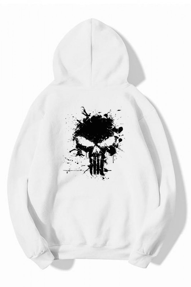 Beyaz Oversize Punisher Tasarımlı Unisex Kapüşonlu Sweatshirt