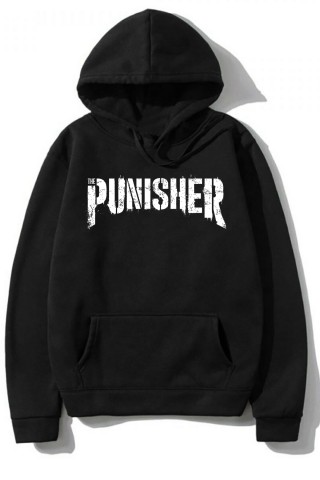 Siyah Oversize Punisher Tasarımlı Unisex Kapüşonlu Sweatshirt