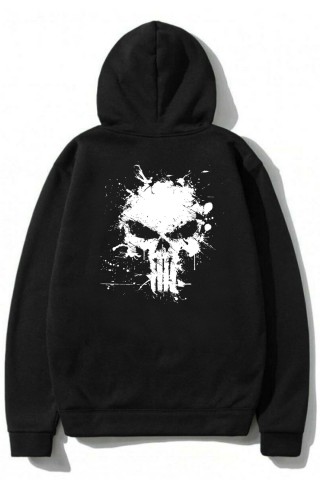 Siyah Oversize Punisher Tasarımlı Unisex Kapüşonlu Sweatshirt