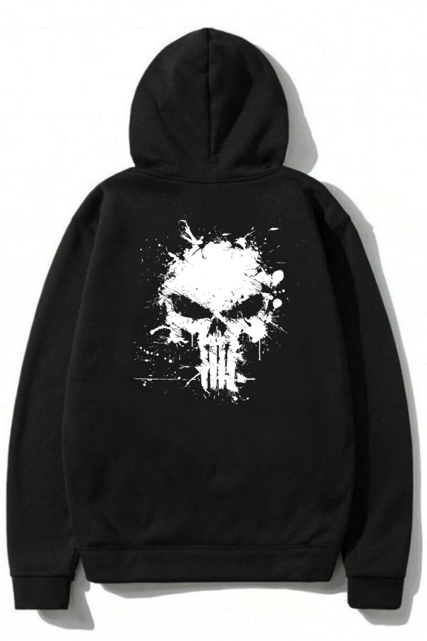 Siyah Oversize Punisher Tasarımlı Unisex Kapüşonlu Sweatshirt
