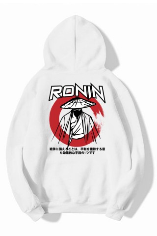 Beyaz Oversize Ronin Tasarımlı Unisex Kapüşonlu Sweatshirt