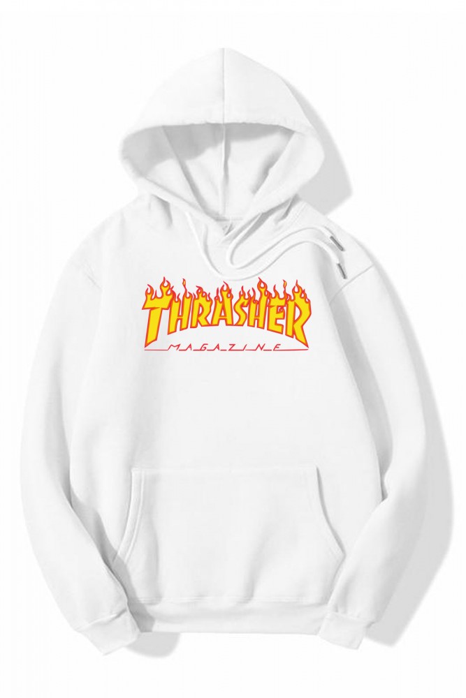 Beyaz Oversize Thrasher Tasarımlı Unisex Kapüşonlu Sweatshirt