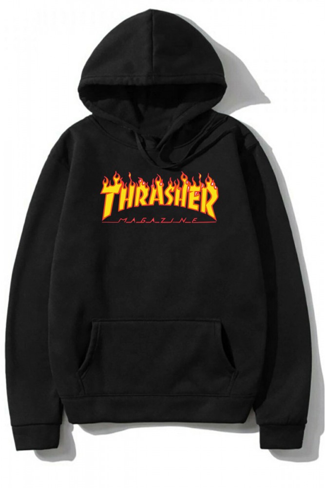 Siyah Oversize Thrasher Tasarımlı Unisex Kapüşonlu Sweatshirt