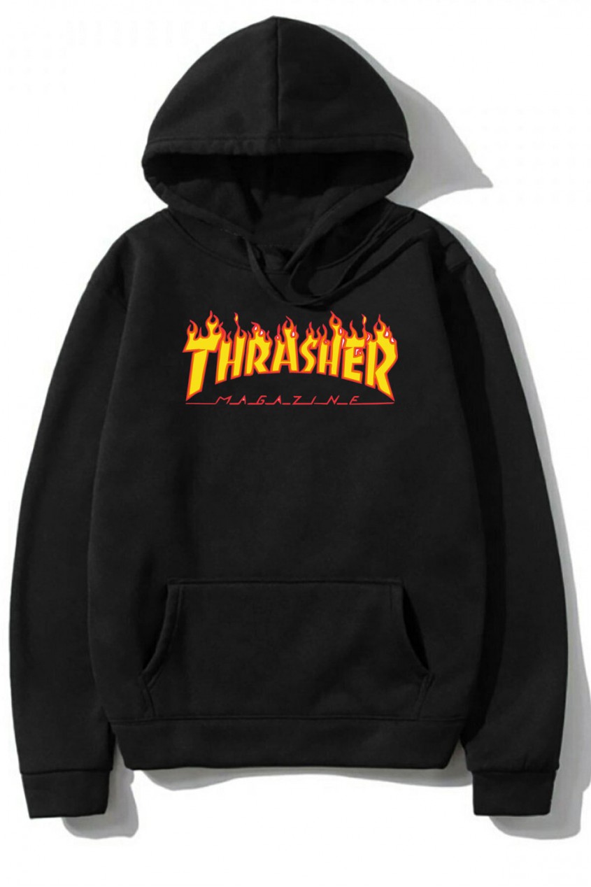 Siyah Oversize Thrasher Tasarımlı Unisex Kapüşonlu Sweatshirt