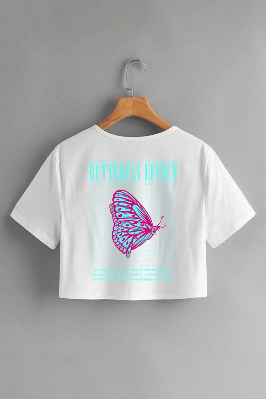  Beyaz Butterfly Baskılı Crop Kadın Tişört 