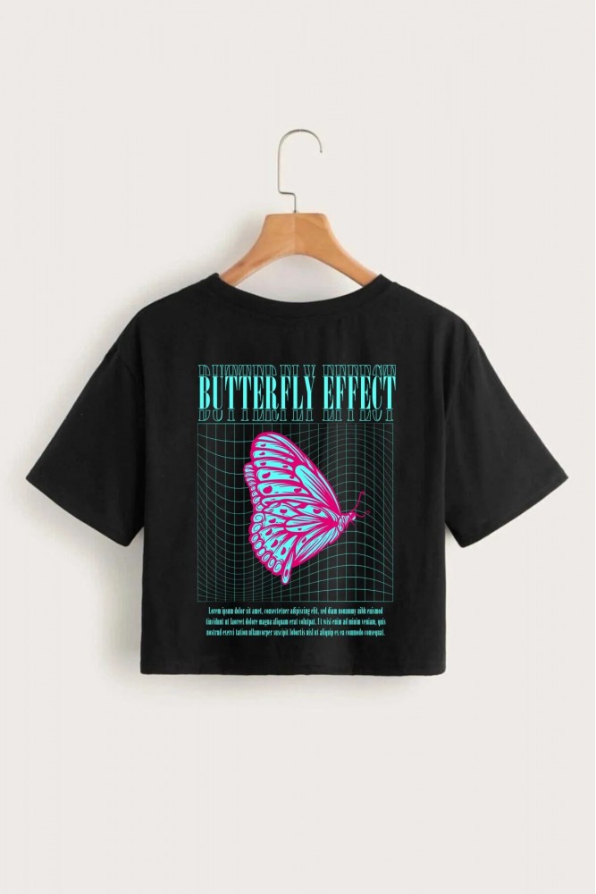 Siyah Butterfly Baskılı Crop Kadın Tişört 