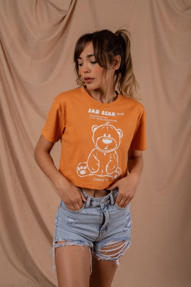 Turuncu Sad Bear Crop  Tişört